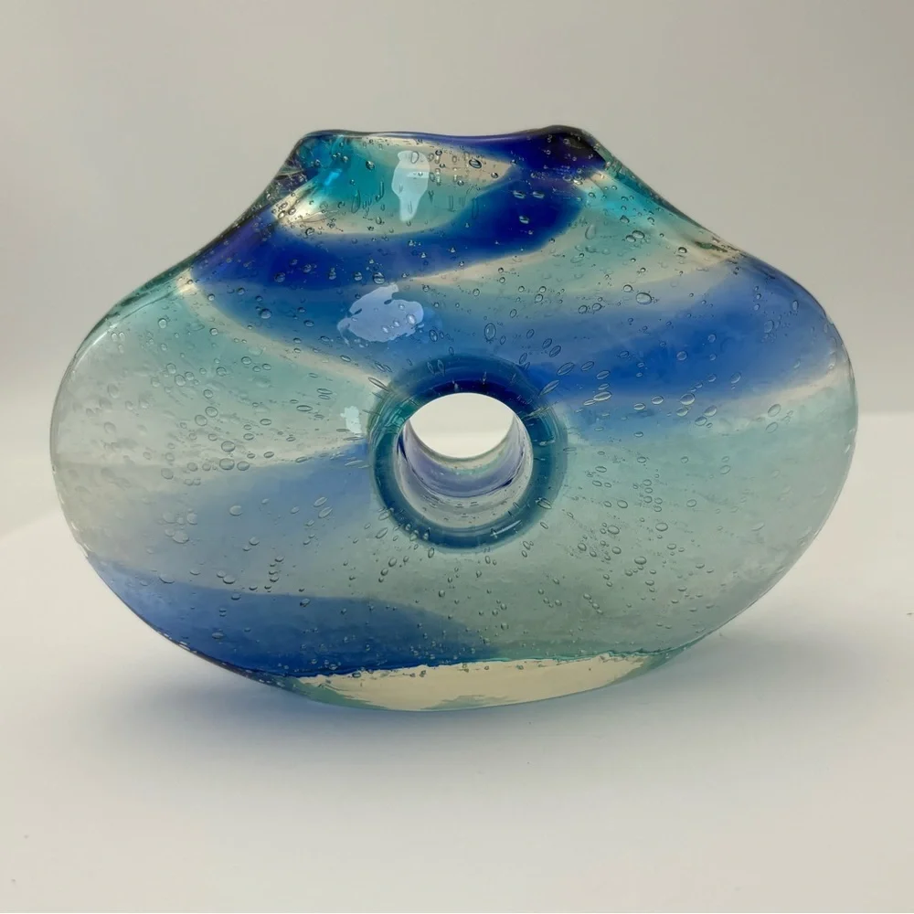 Vintage Blue and Clear Swirl  Glass Donut Vase
